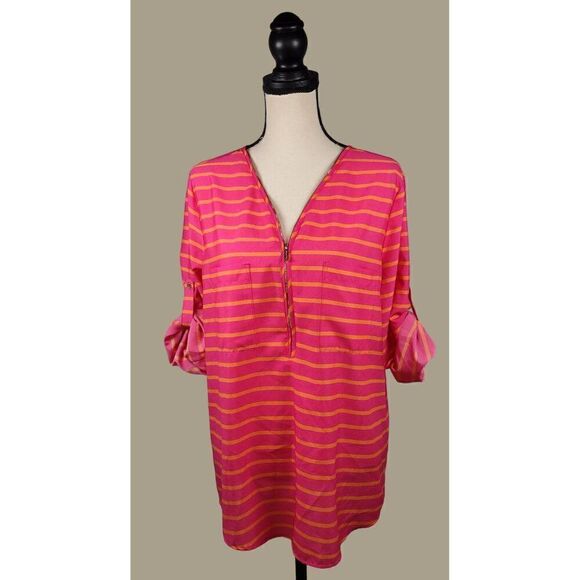 Calvin Klein Pink Orange Striped 1/2 Zip Top w/ 3/4 Roll-tab Sleeves Size Large - Picture 1 of 10